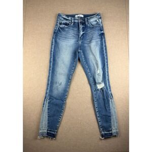 KanCan Jeans Women 9/28 Distressed Skinny‎ Raw Hem Stripe Panel Blue Stretch